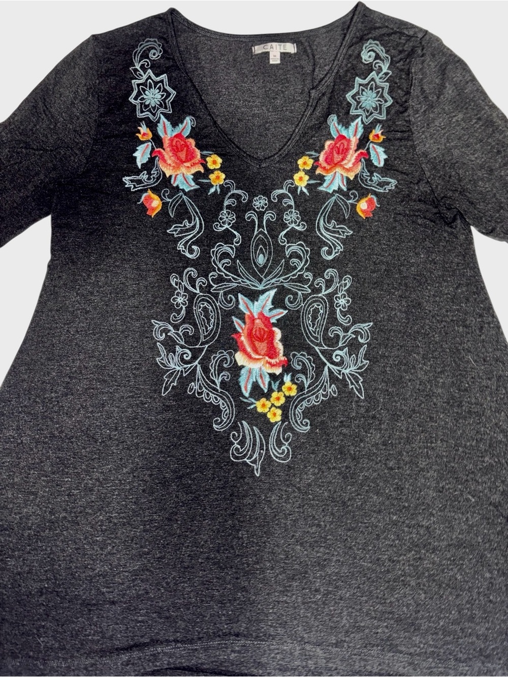 Caite Embroidered Floral Bohemian Charcoal Grey Tunic Stretch Tunic Top